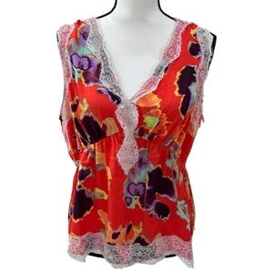 Rebecca Minkoff Orange Multicolor Print Lace Trim Top Large